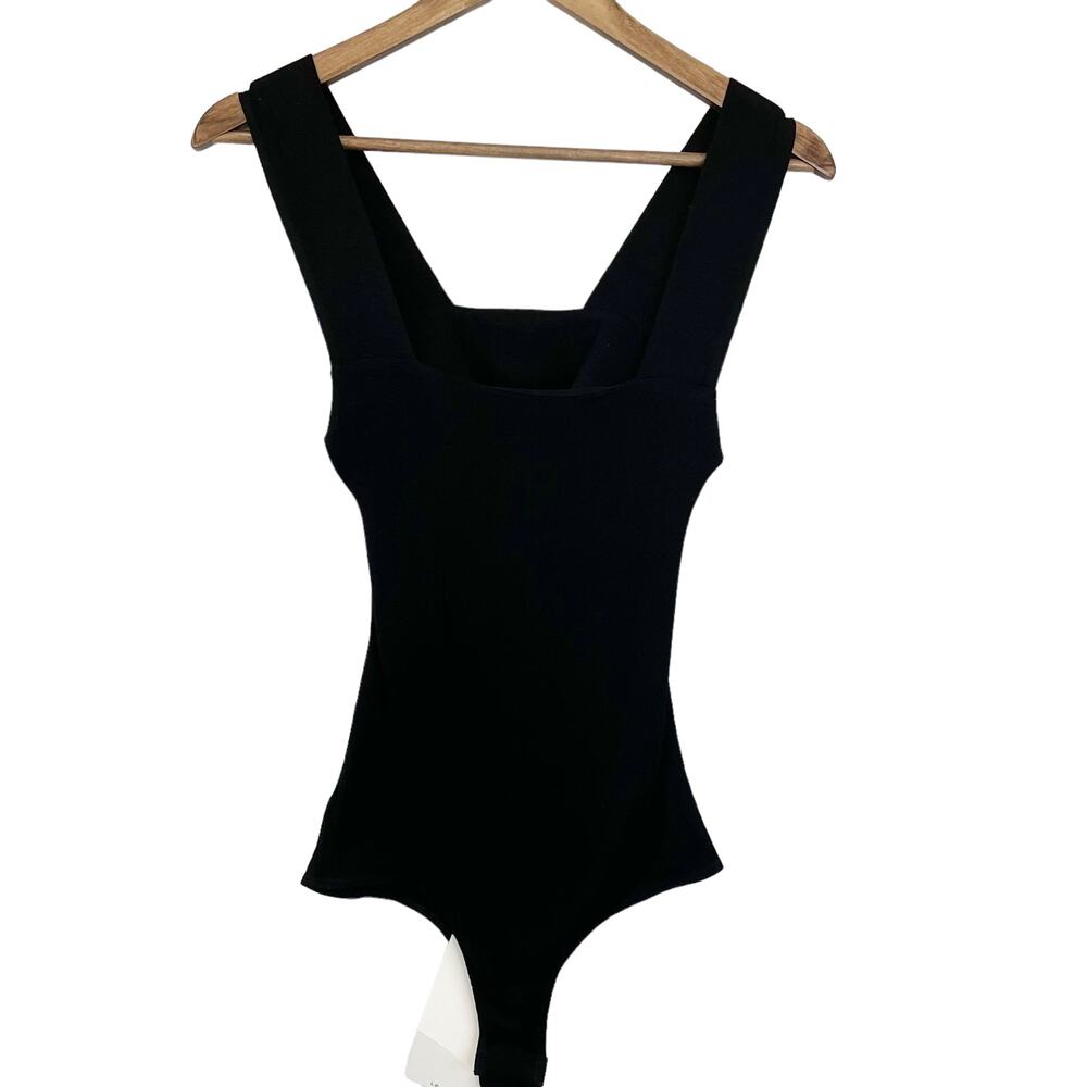 Olivaceous Size S Ribbed Bodysuit Square Neck Cutout Back Thong Black Stretchy